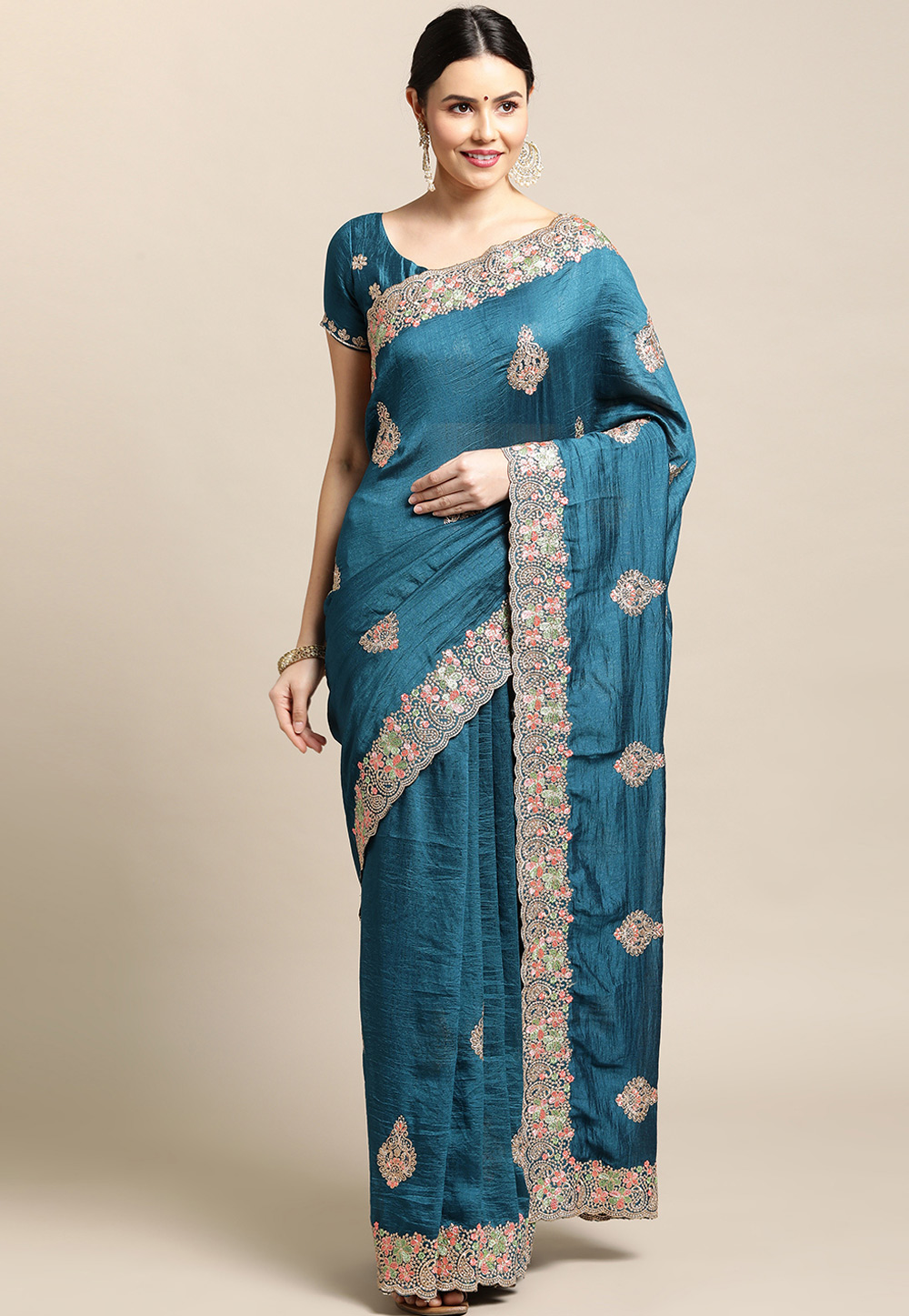 Teal Silk Saree With Blouse 285448