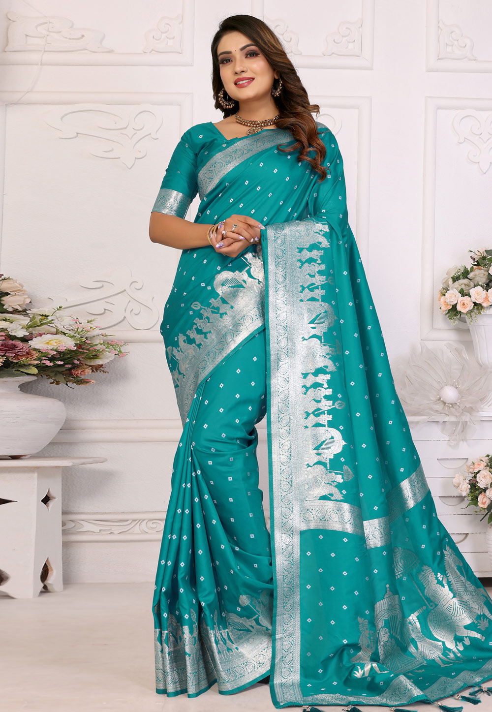 Teal Silk Saree With Blouse 307237