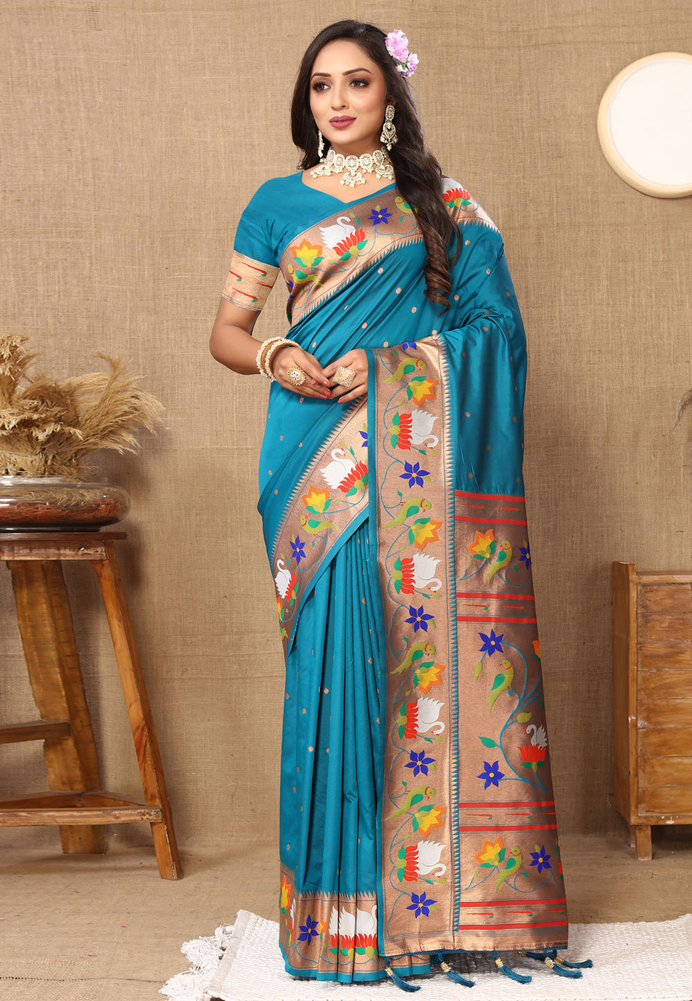 Teal Silk Saree With Blouse 308354