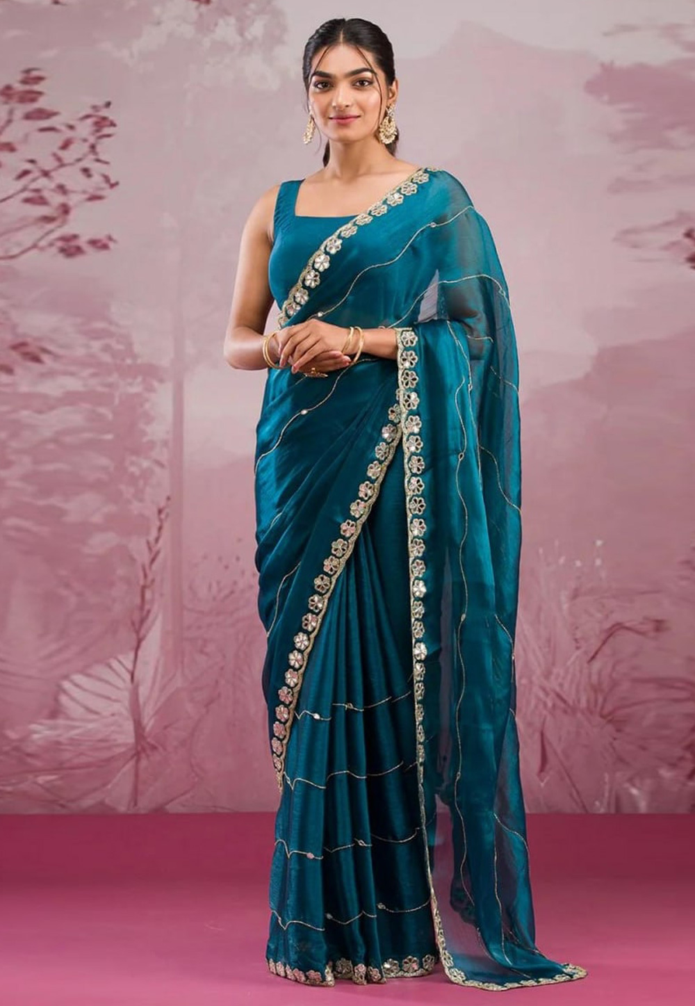 Teal Silk Saree With Blouse 311938