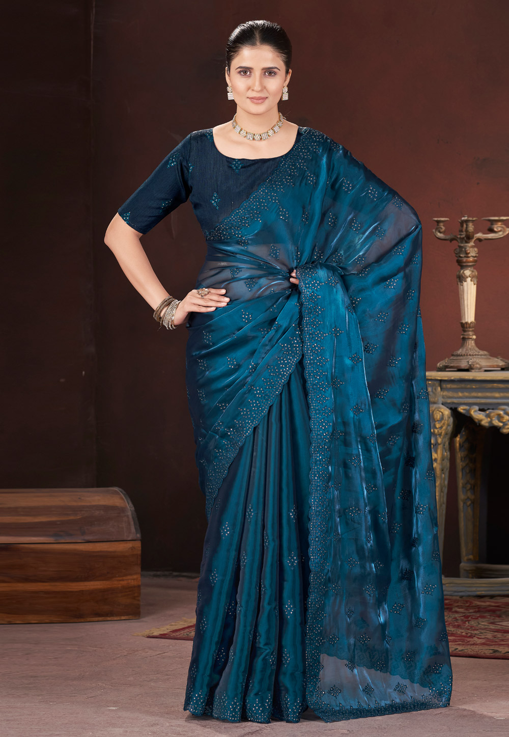 Teal Silk Saree With Blouse 308873