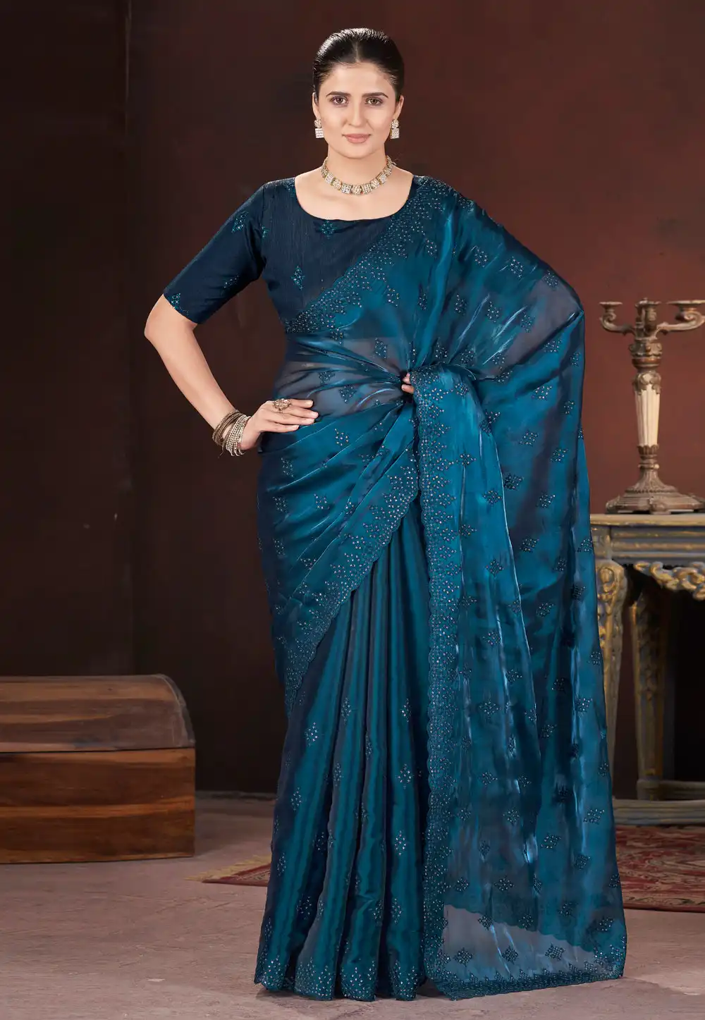 Teal Silk Saree With Blouse 308873
