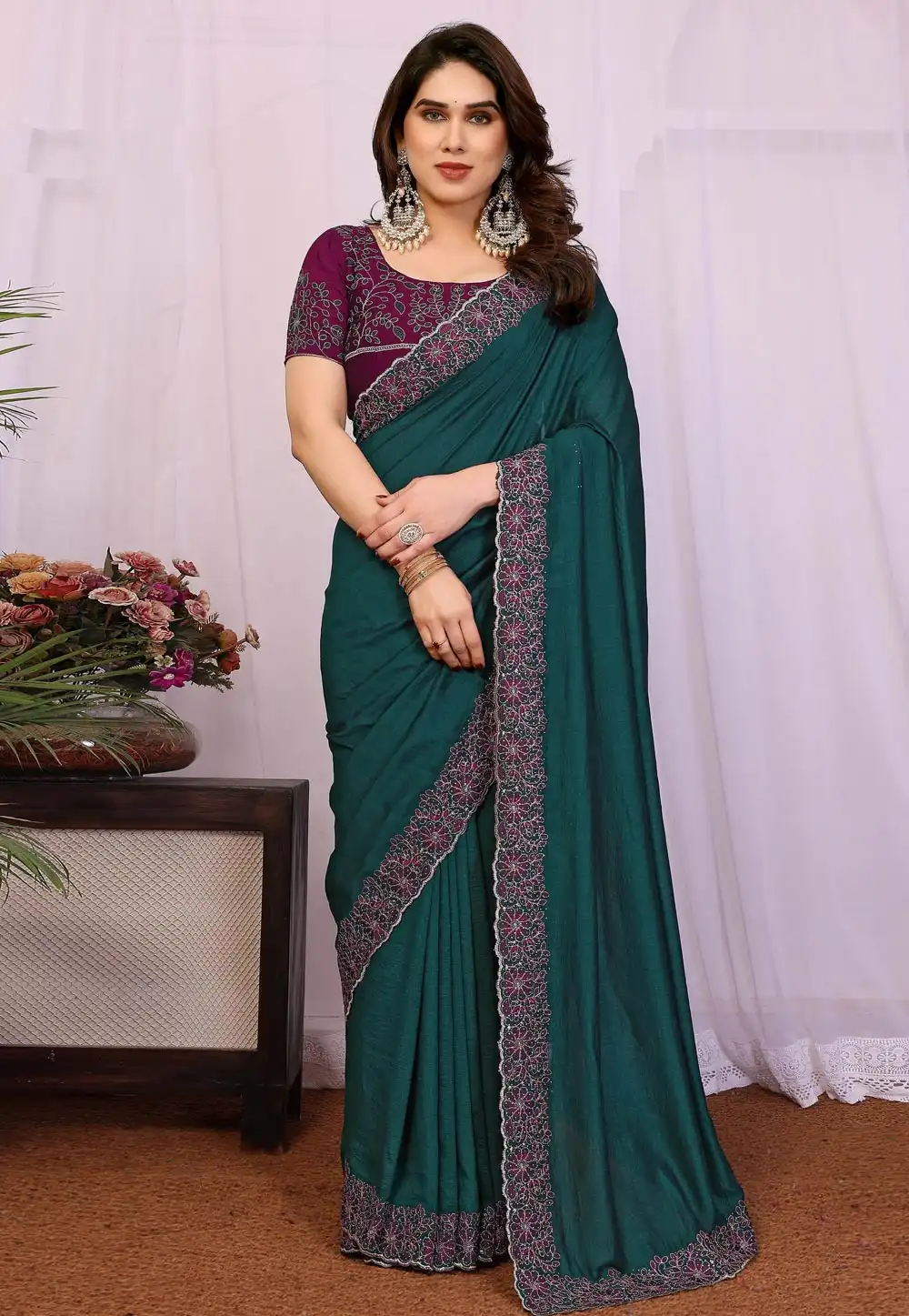 Teal Silk Saree With Blouse 319860