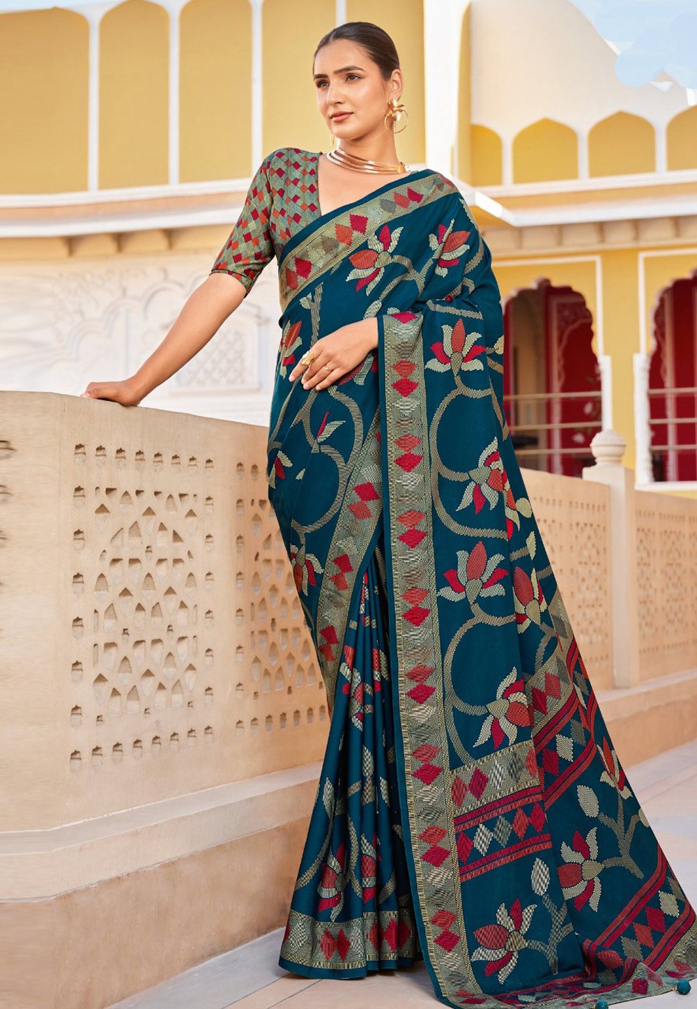 Teal Silk Saree With Blouse 319867