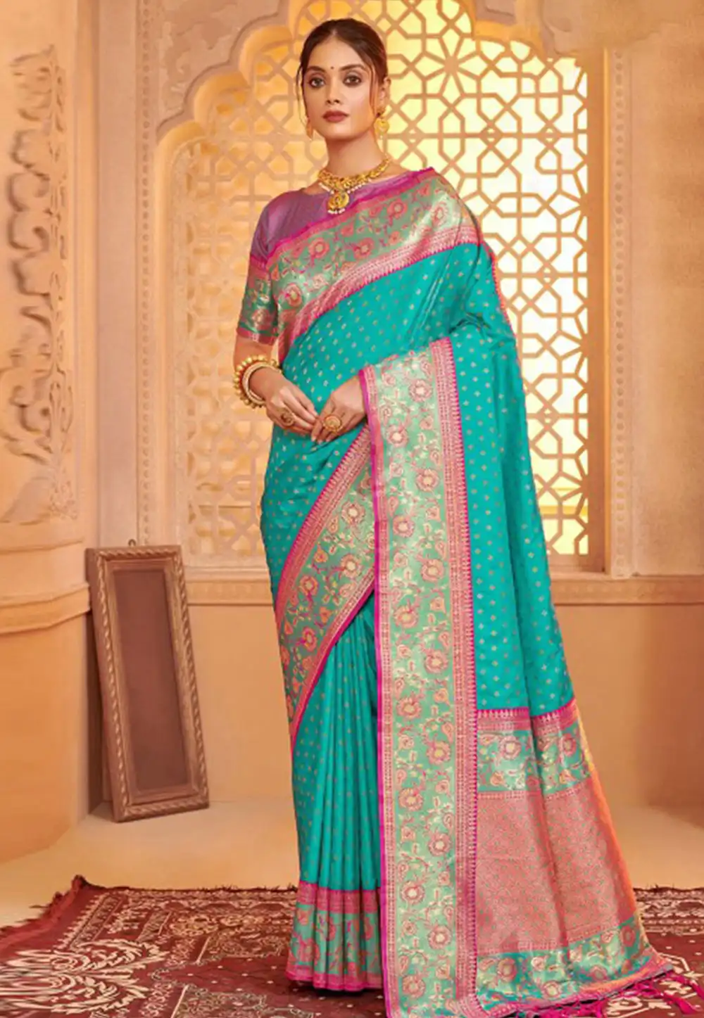 Teal Silk Saree With Blouse 324347