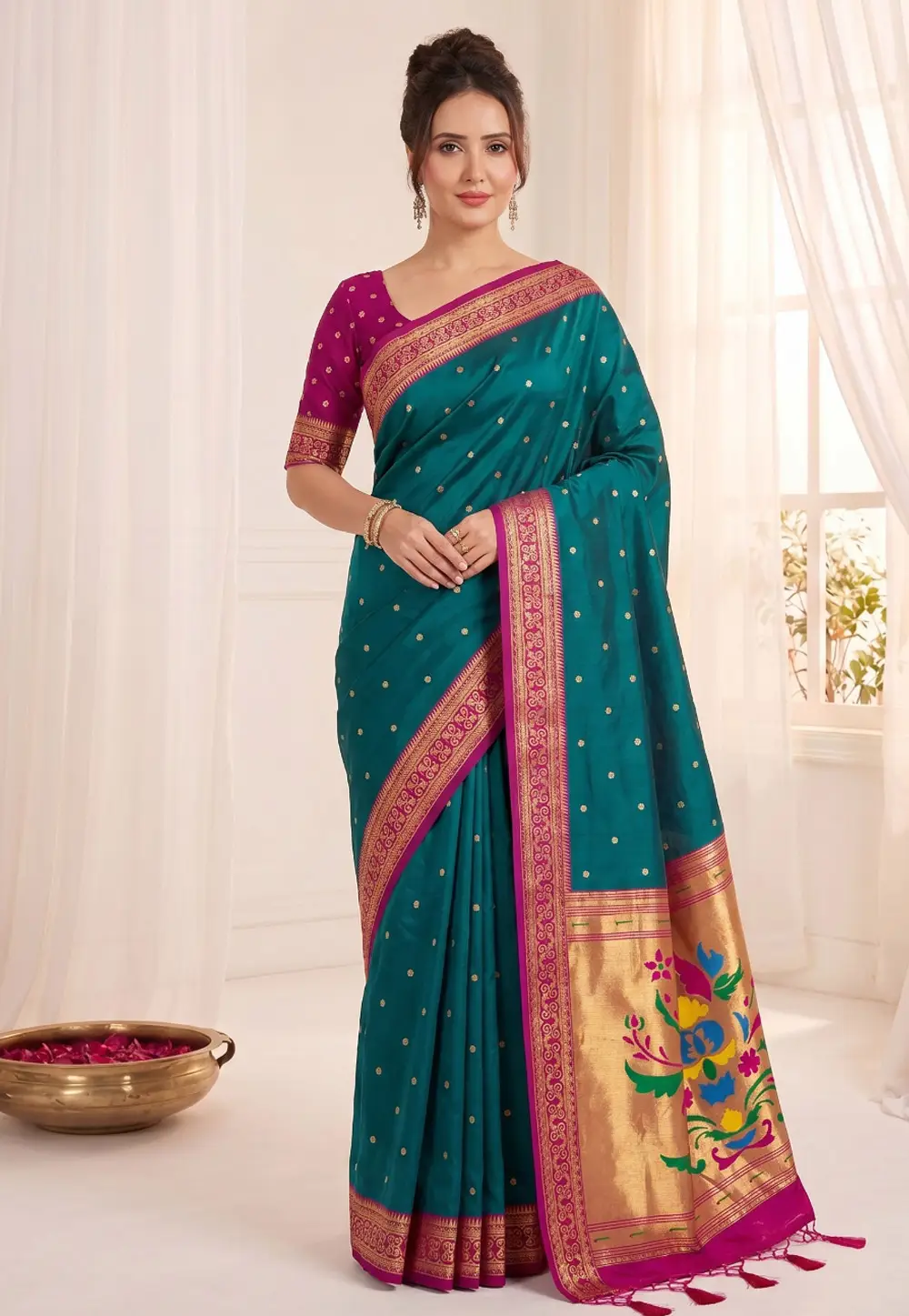 Teal Silk Saree With Blouse 336617