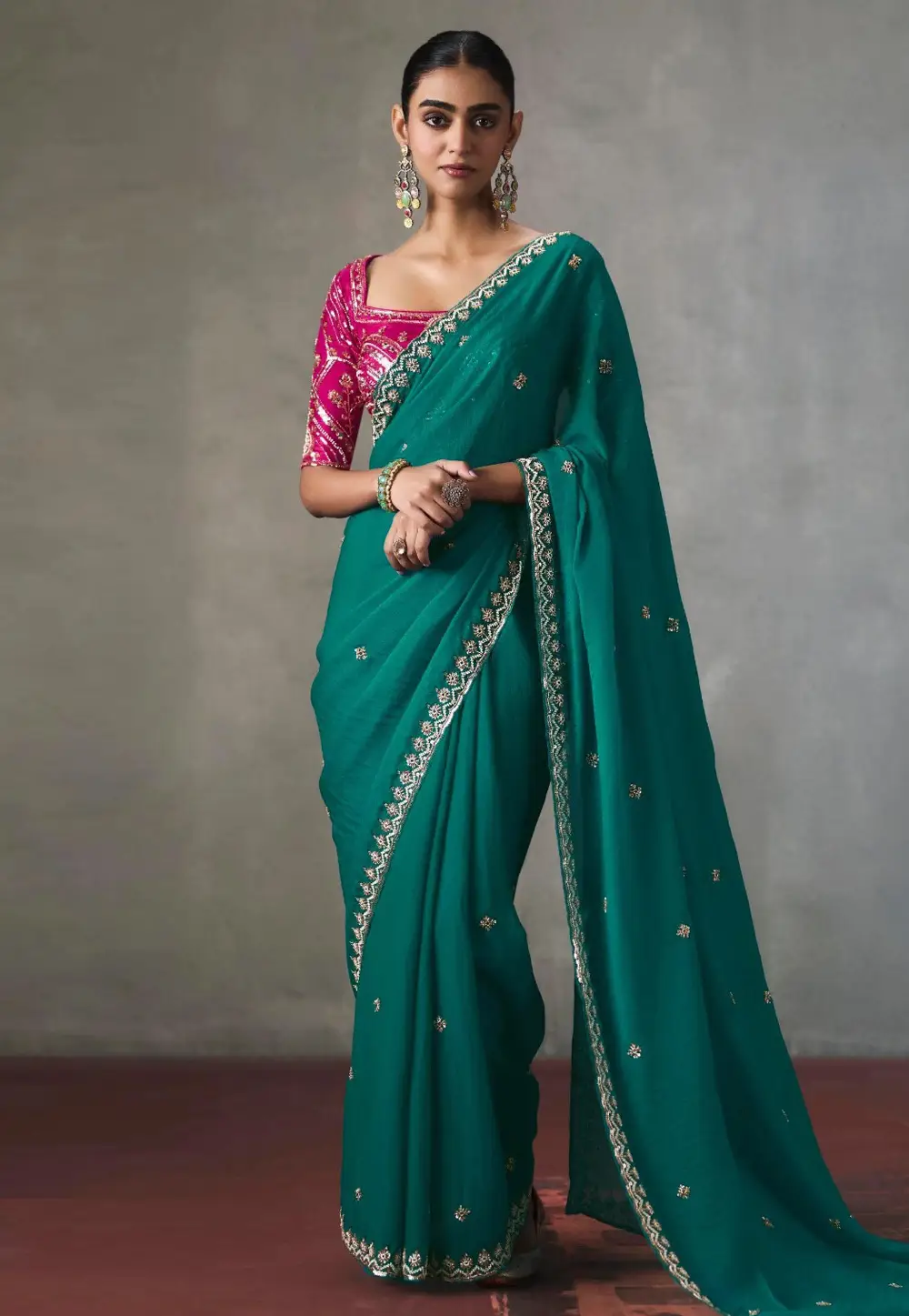 Teal Silk Saree With Blouse 335593
