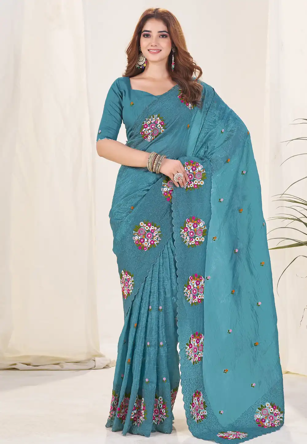 Teal Silk Saree With Blouse 317141