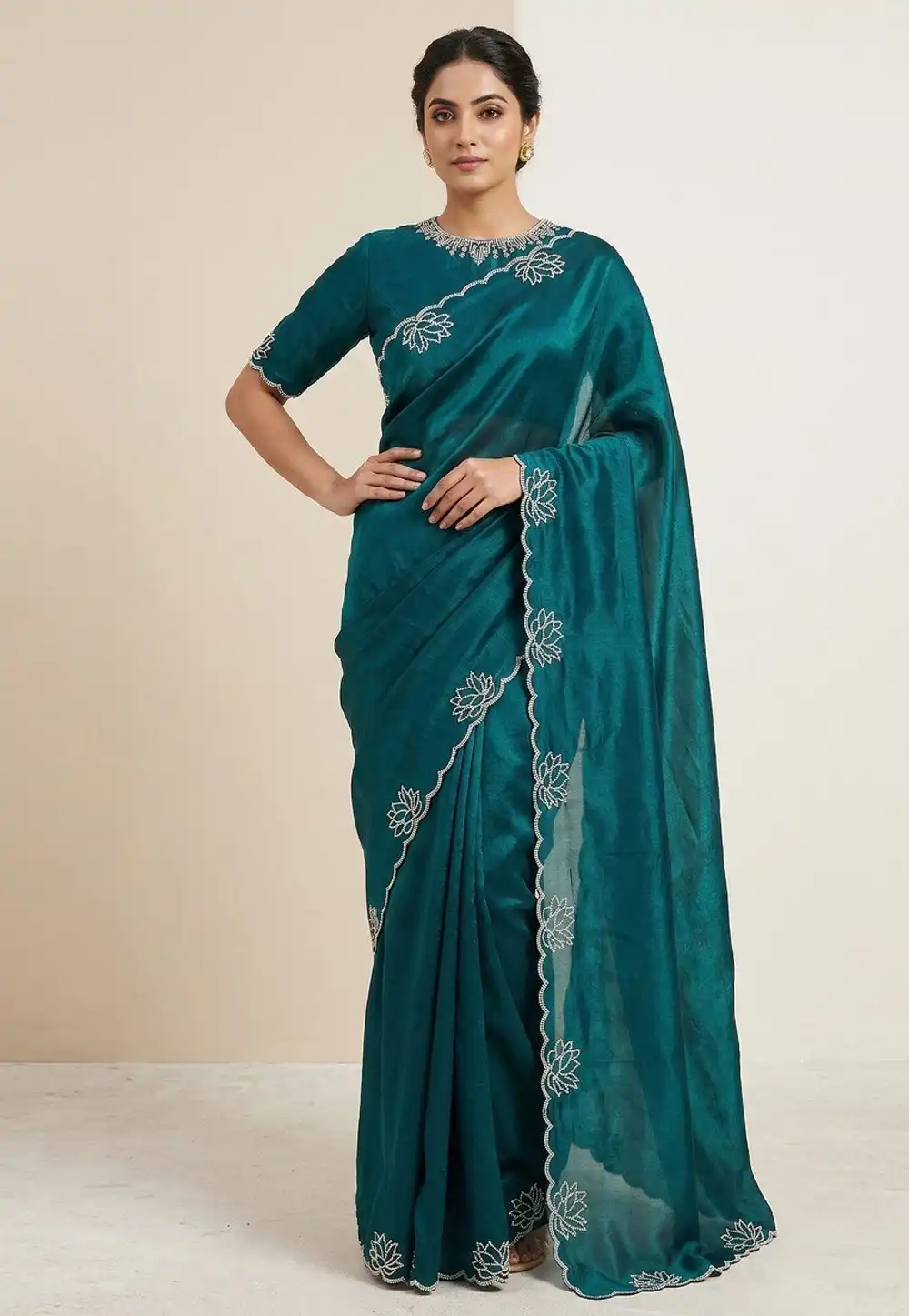 Teal Silk Saree With Blouse 327133