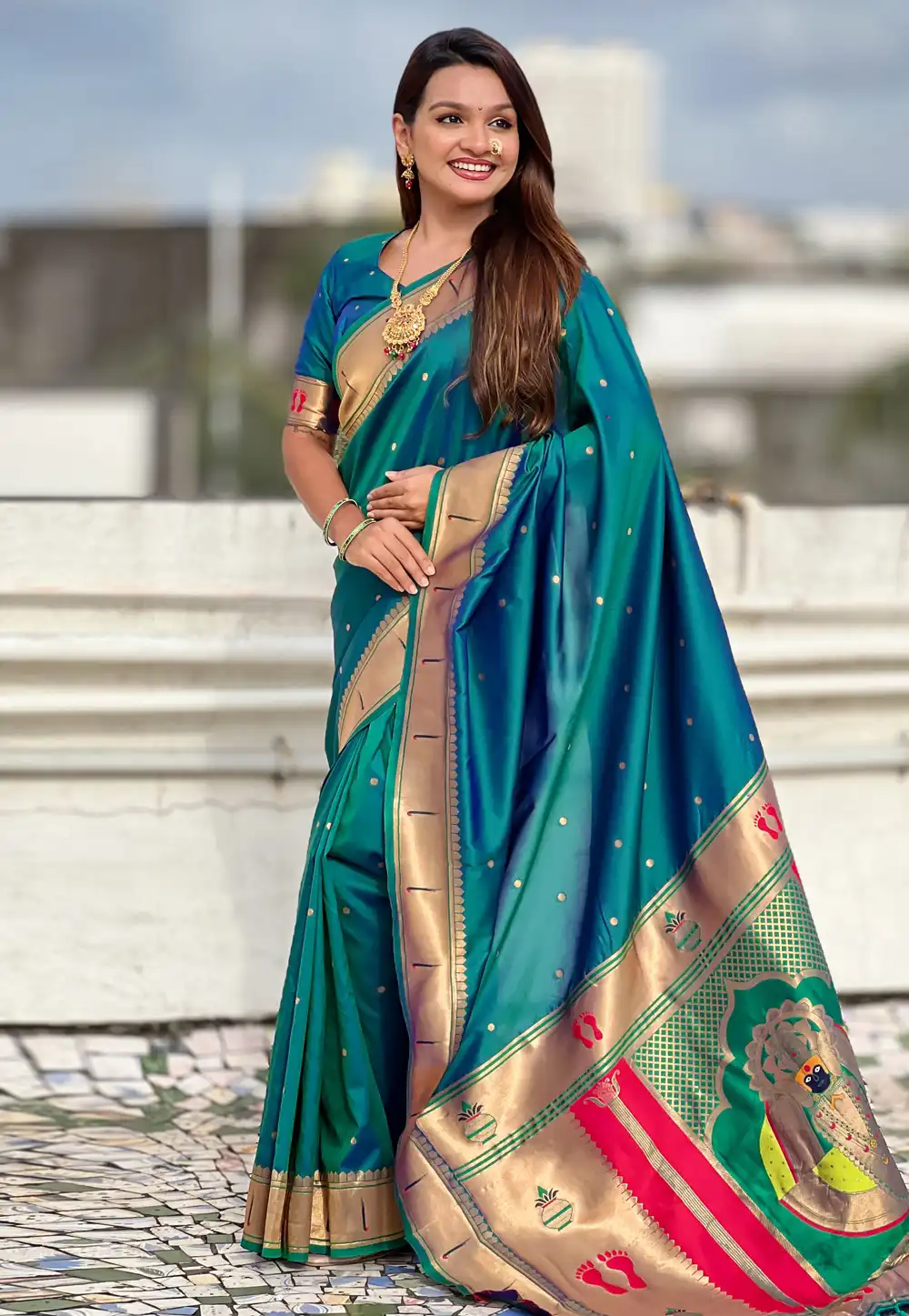 Teal Silk Saree With Blouse 321048
