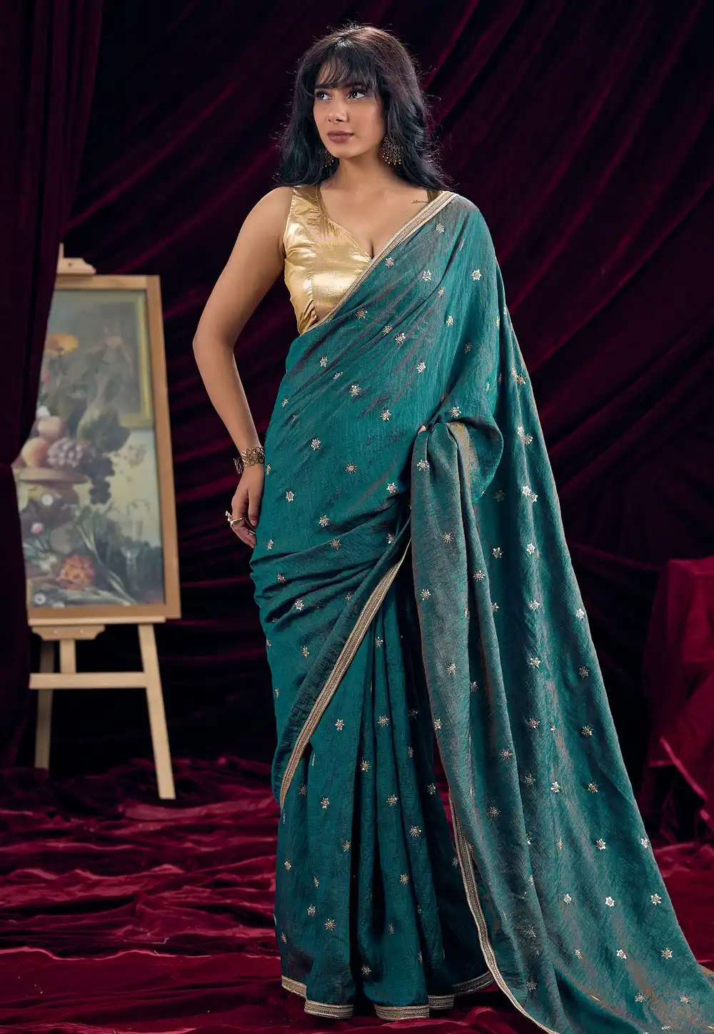 Teal Silk Saree With Blouse 327863