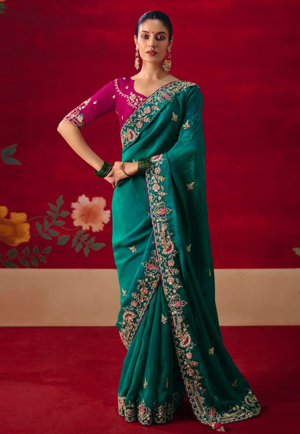 Teal Silk Saree With Blouse 322024