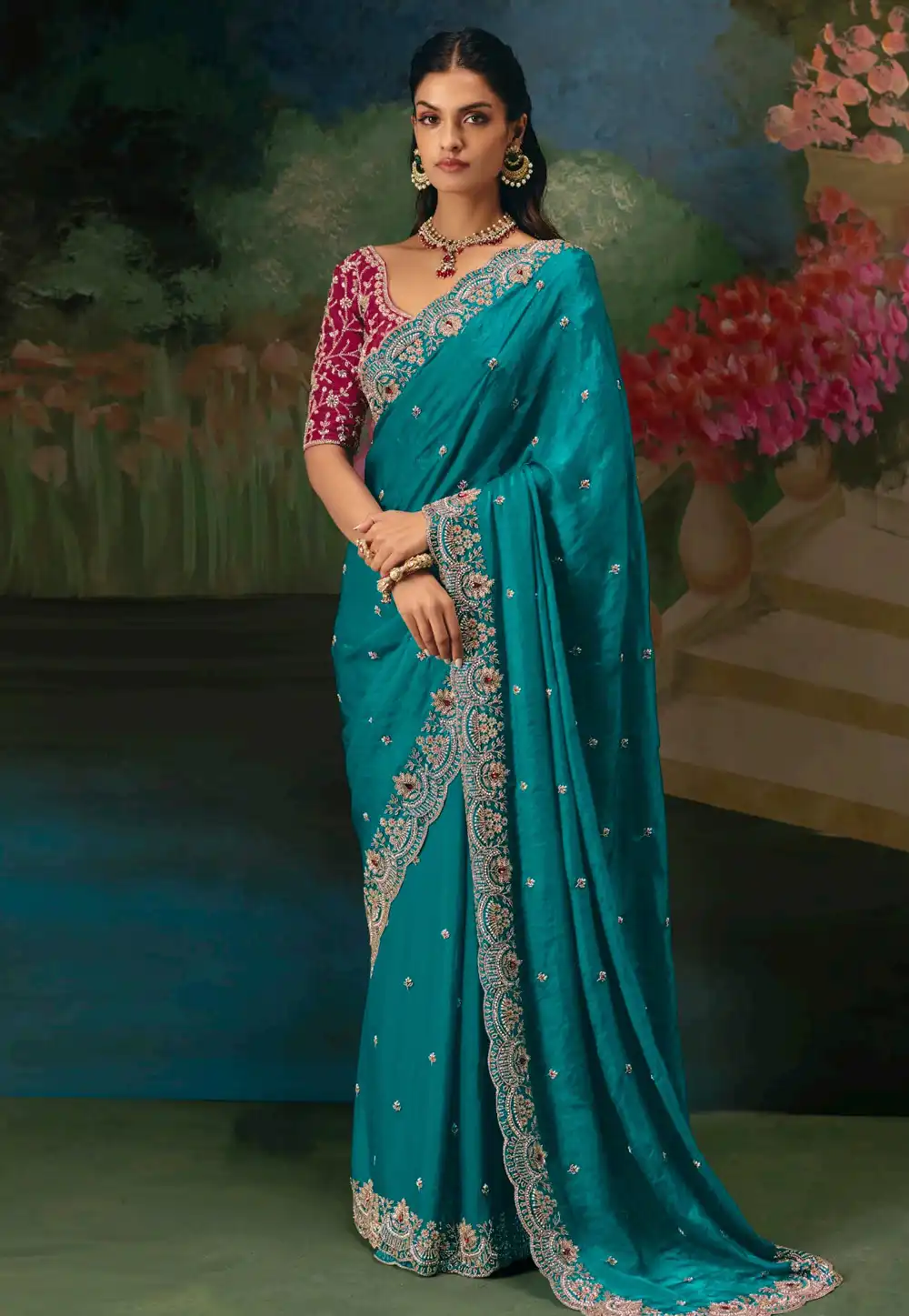 Teal Silk Saree With Blouse 323624