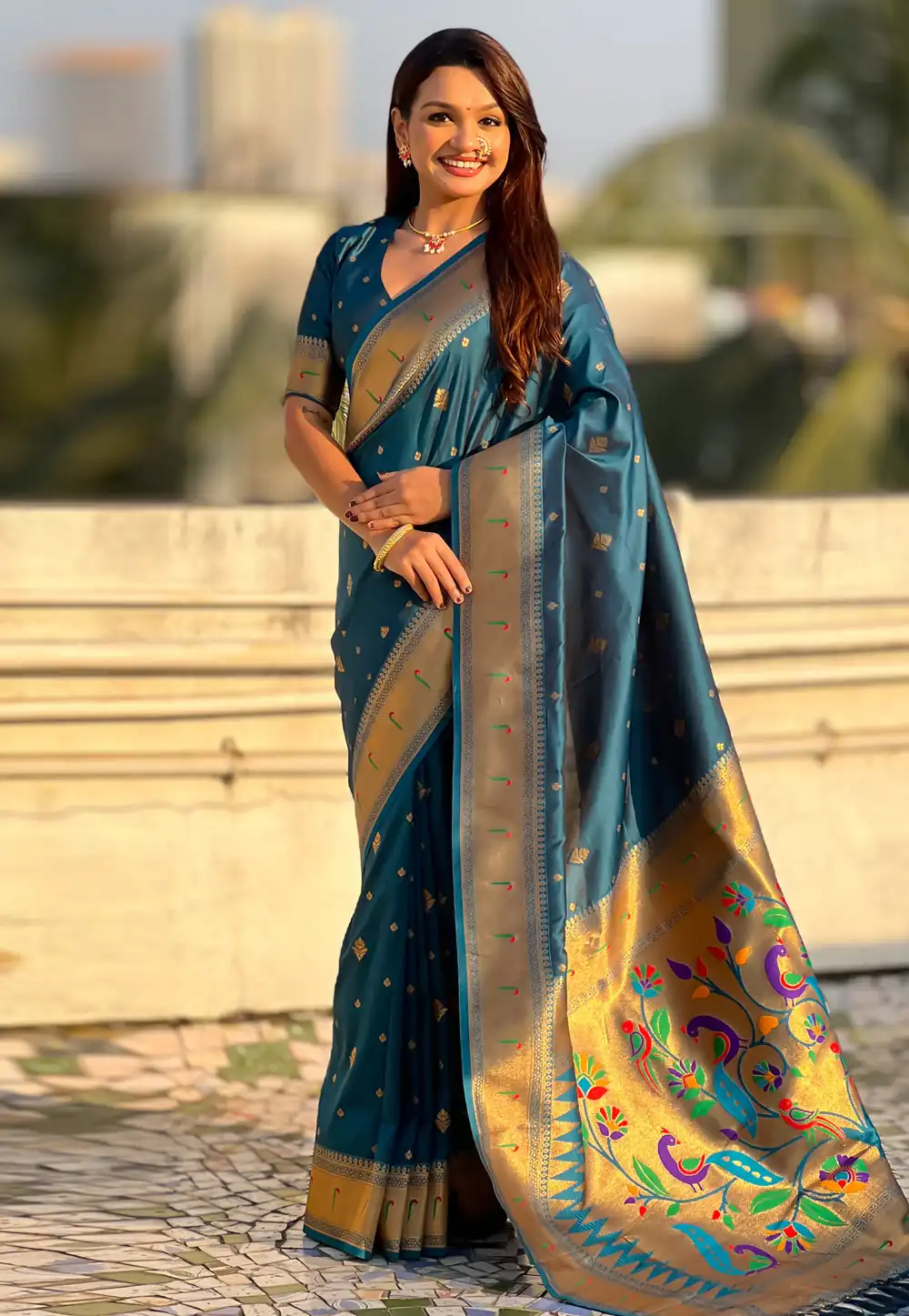 Teal Silk Saree With Blouse 323041