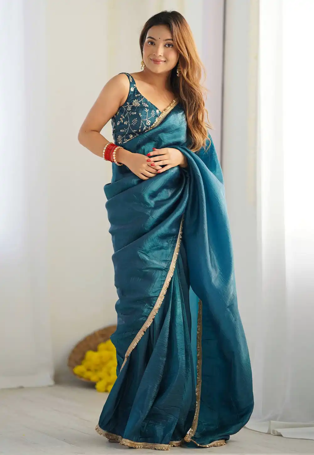 Teal Silk Saree With Blouse 321481