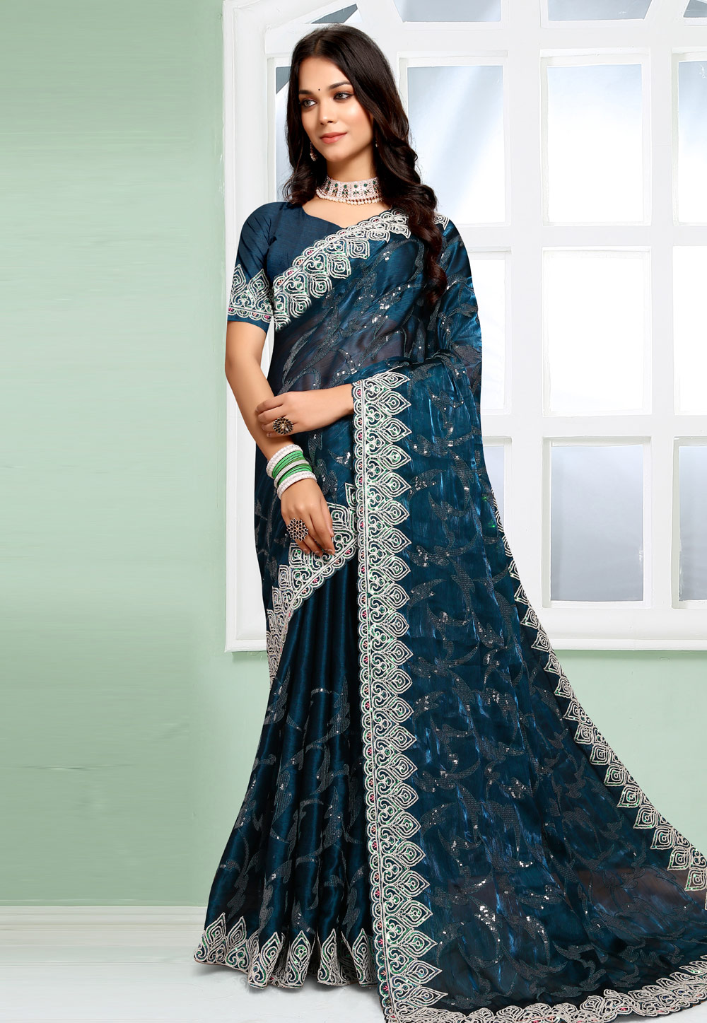 Teal Silk Saree With Blouse 281123