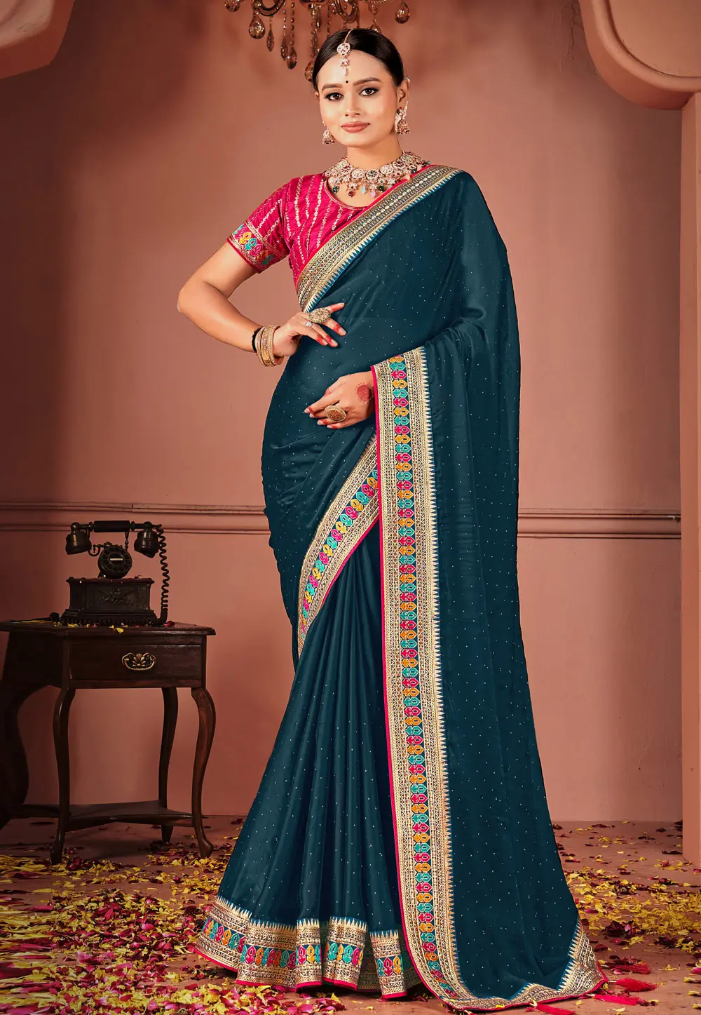 Teal Silk Saree With Blouse 303277