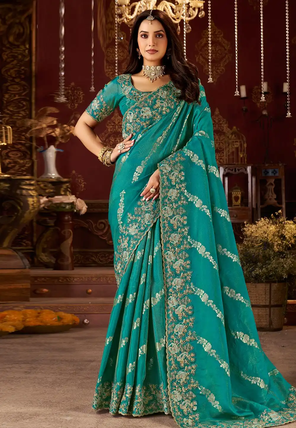 Teal Silk Saree With Blouse 321679