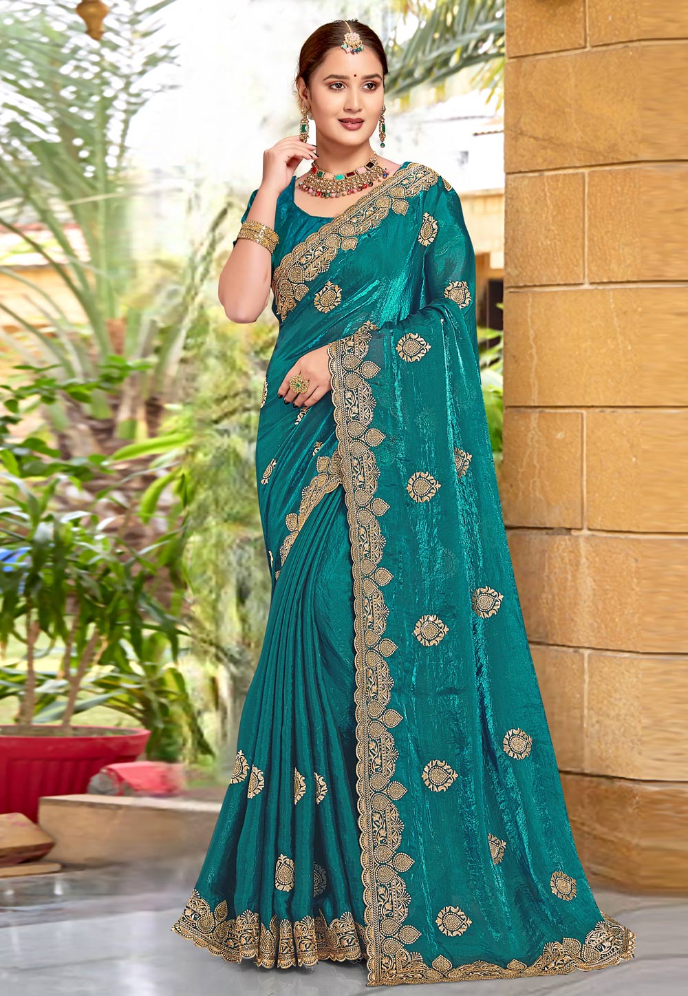 Teal Silk Saree With Blouse 307406