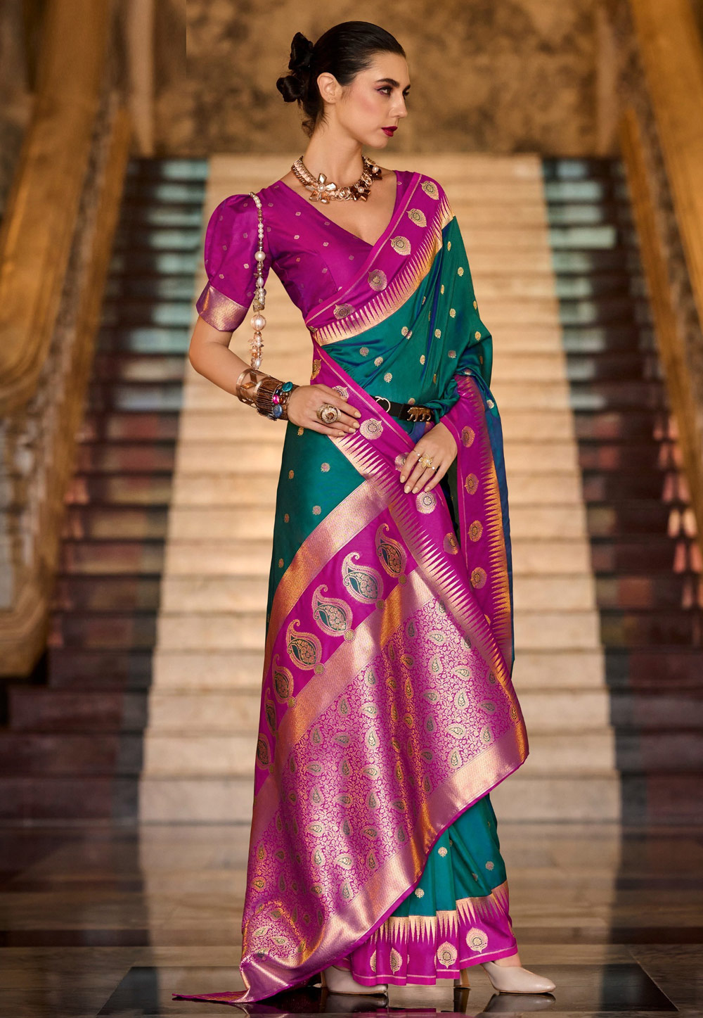 Teal Silk Saree With Blouse 308027