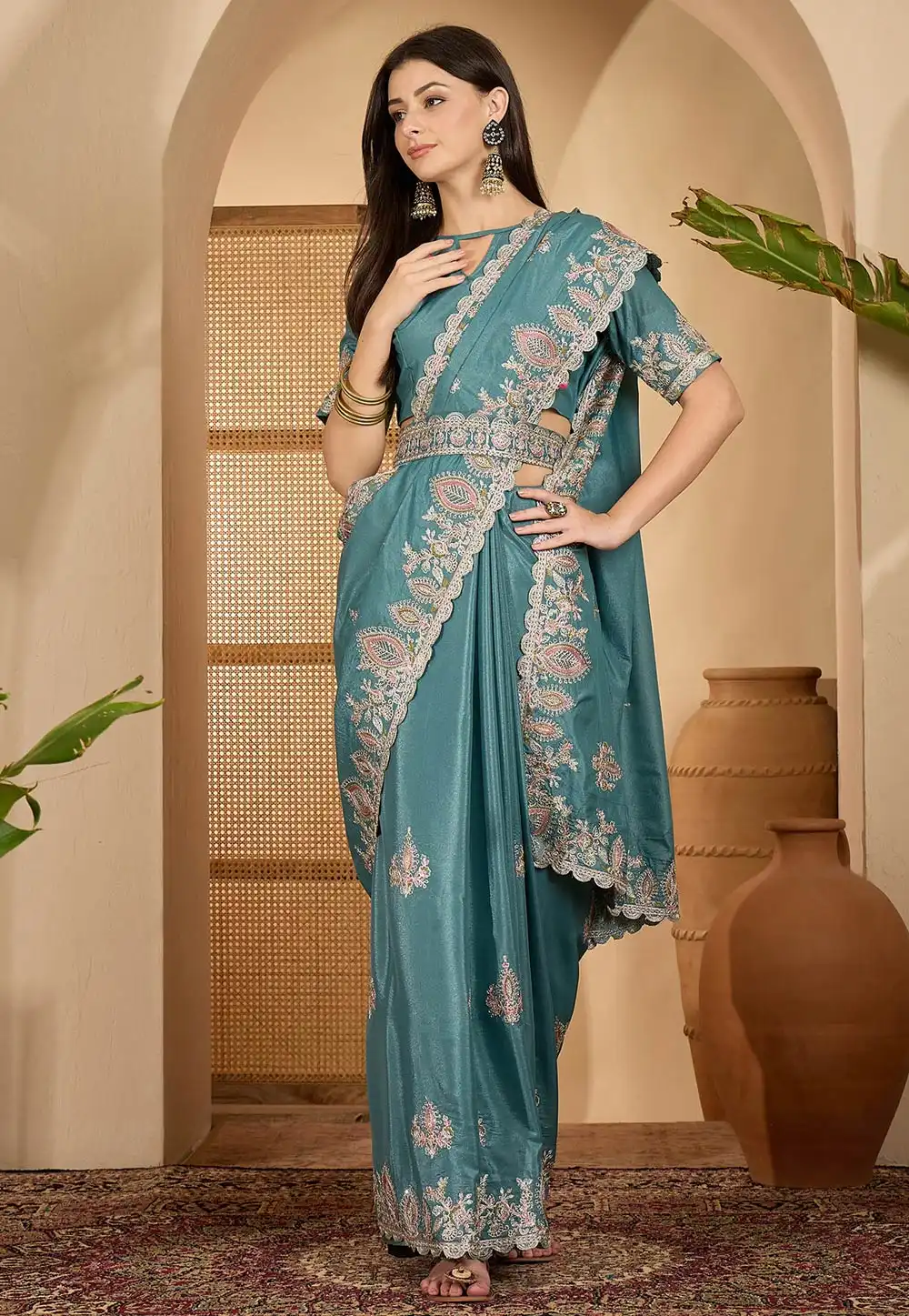 Teal Silk Saree With Blouse 316757