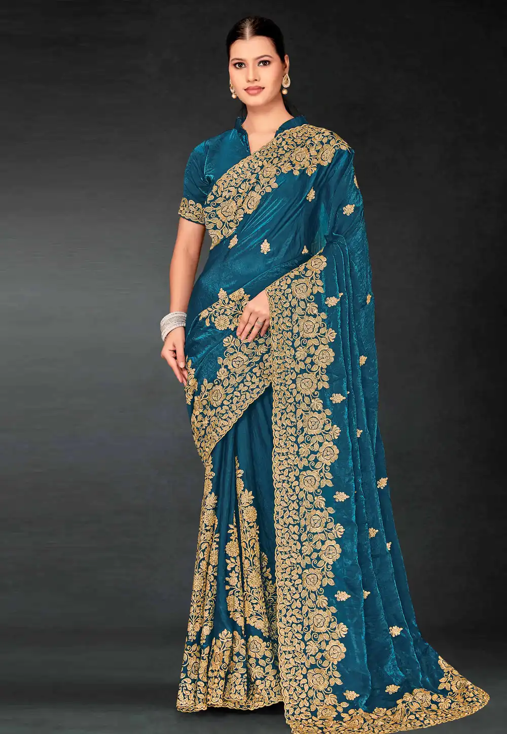 Teal Silk Saree With Blouse 312833