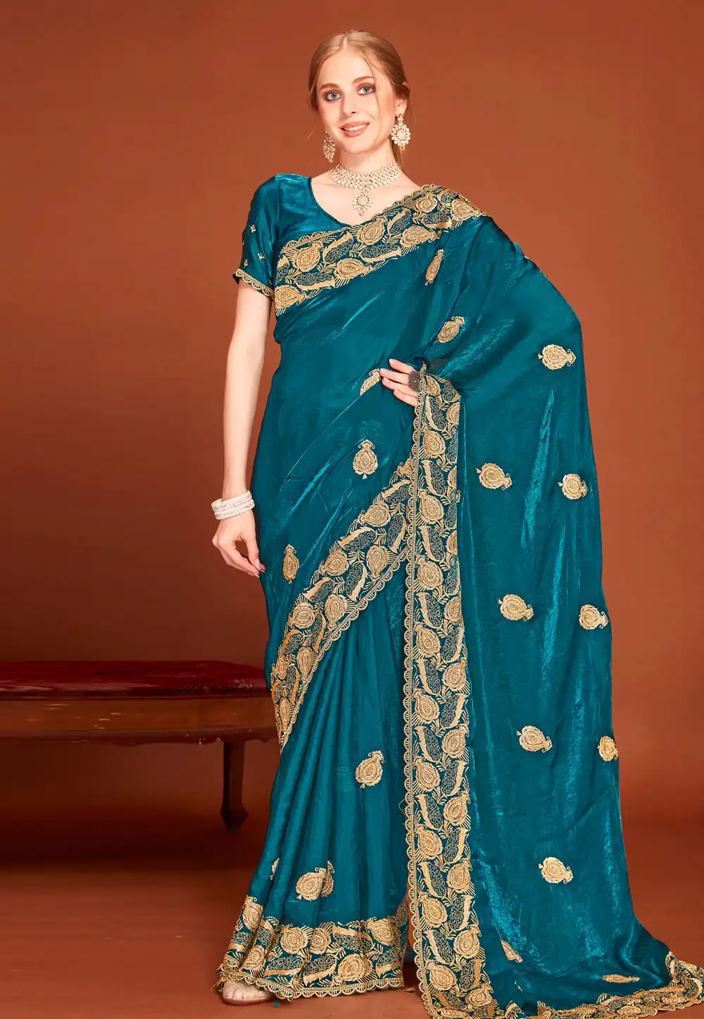 Teal Silk Saree With Blouse 315953