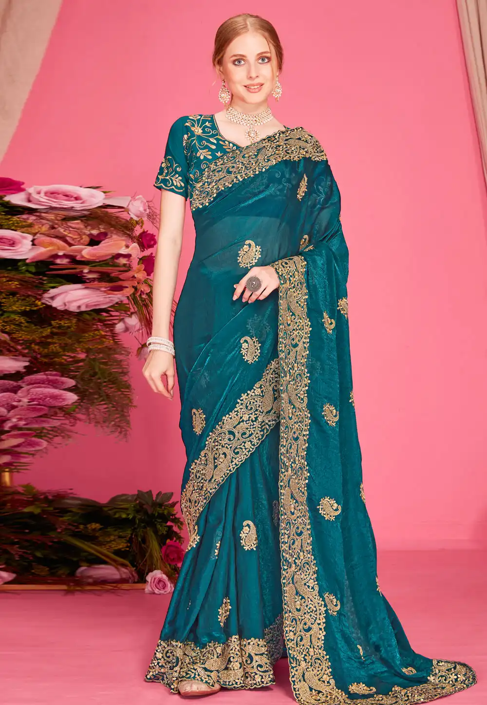 Teal Silk Saree With Blouse 315951