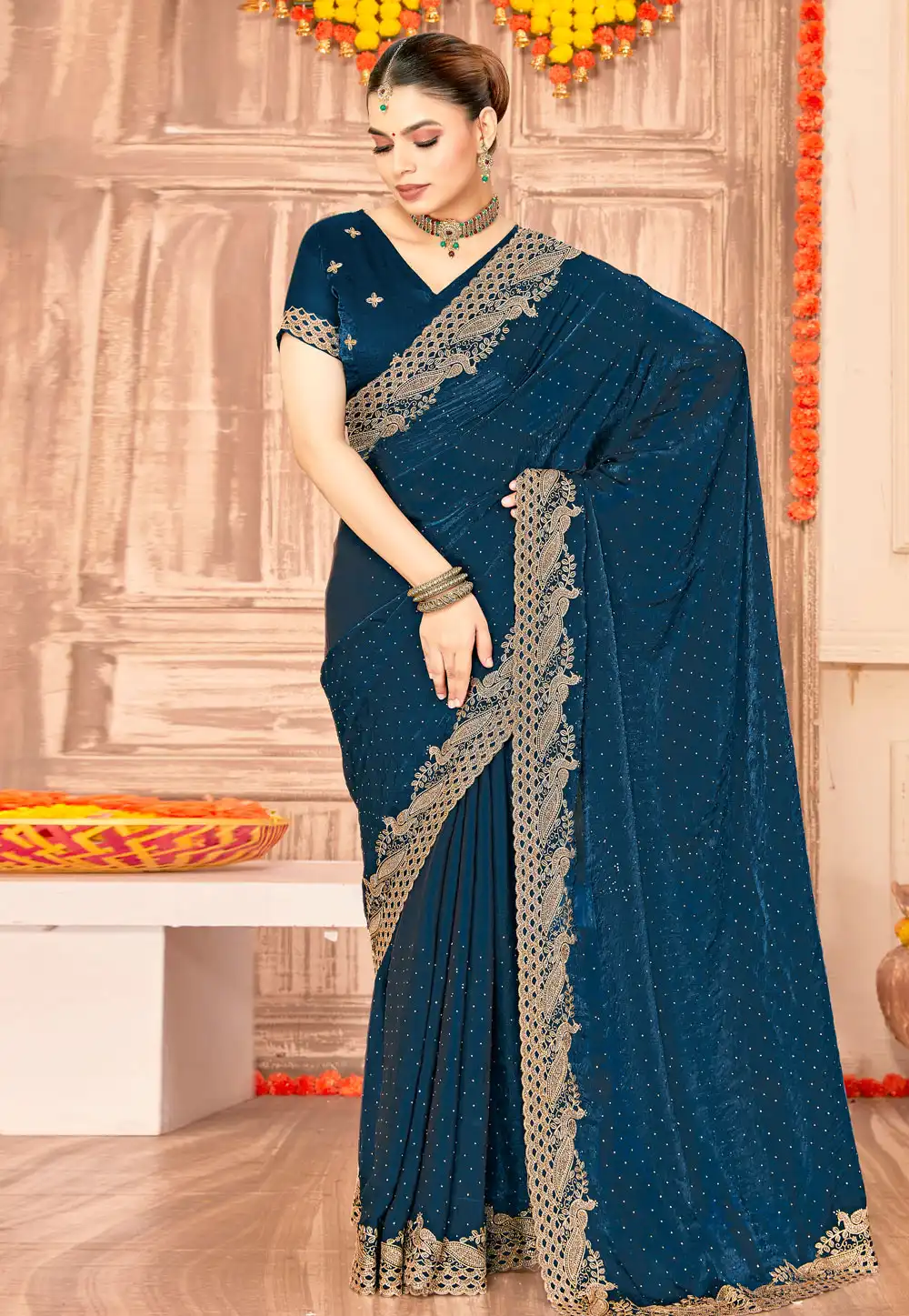 Teal Silk Saree With Blouse 317249