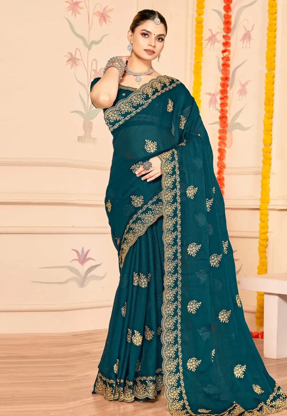Teal Silk Saree With Blouse 317472