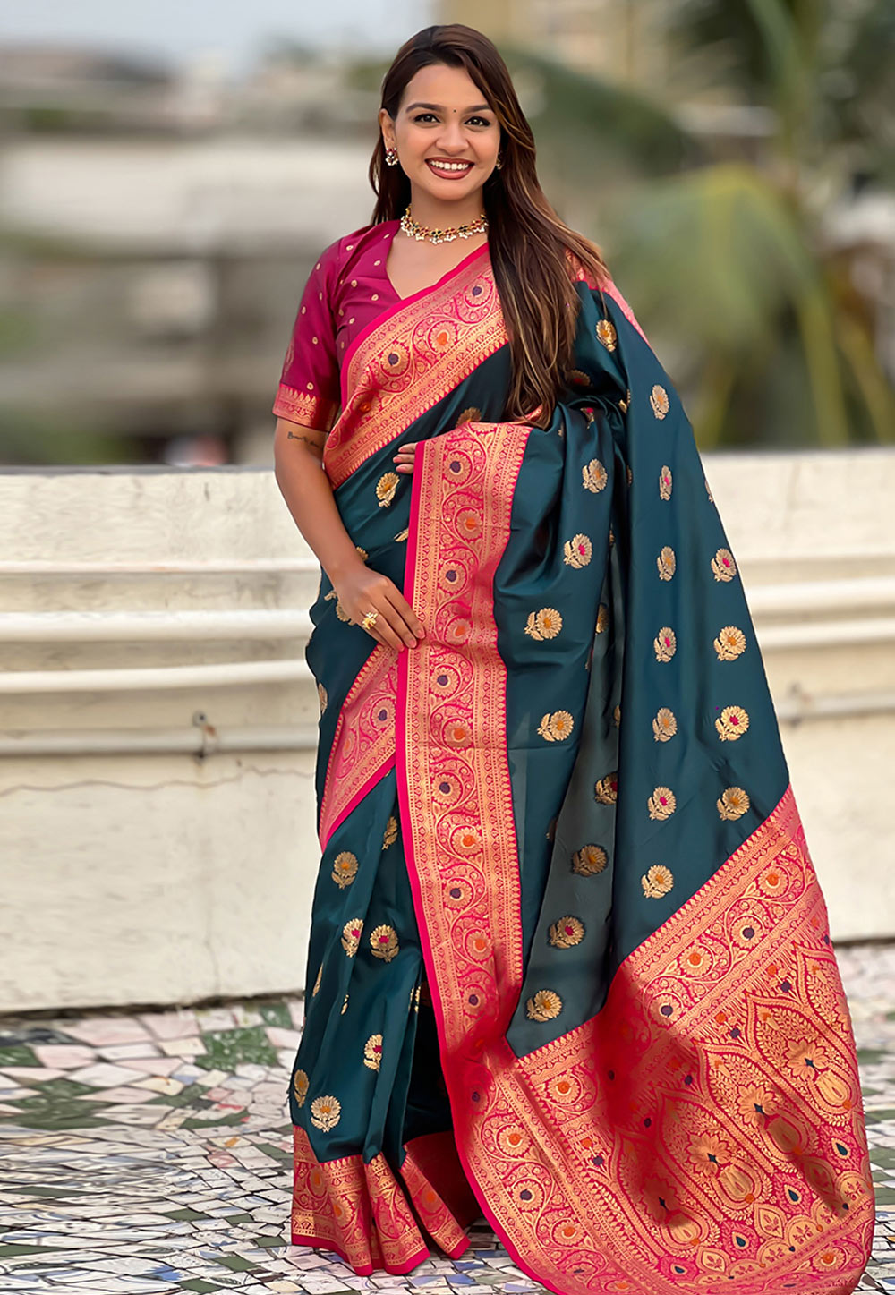 Teal Silk Saree With Blouse 311934