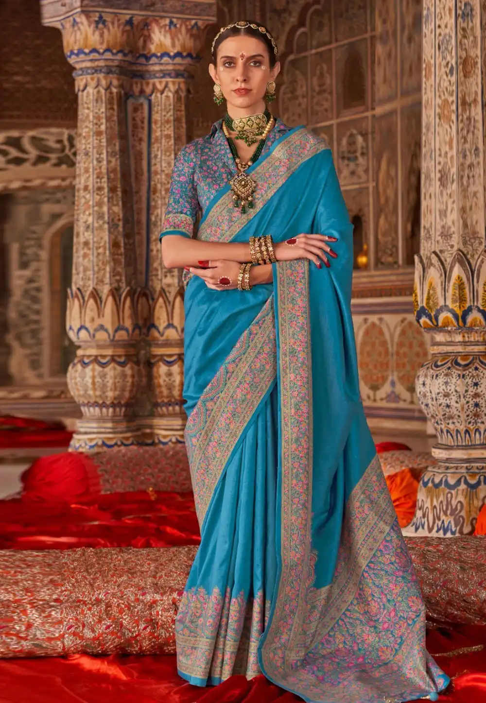 Teal Silk Saree With Blouse 318439