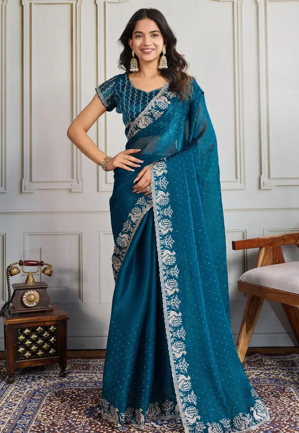 Teal Silk Saree With Blouse 316723