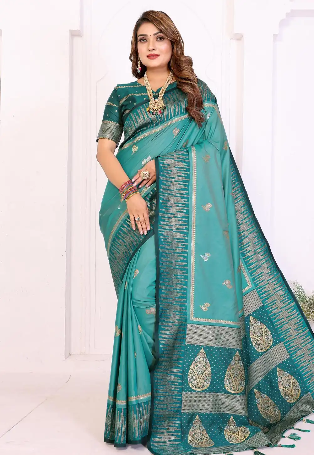 Teal Silk Saree With Blouse 321317