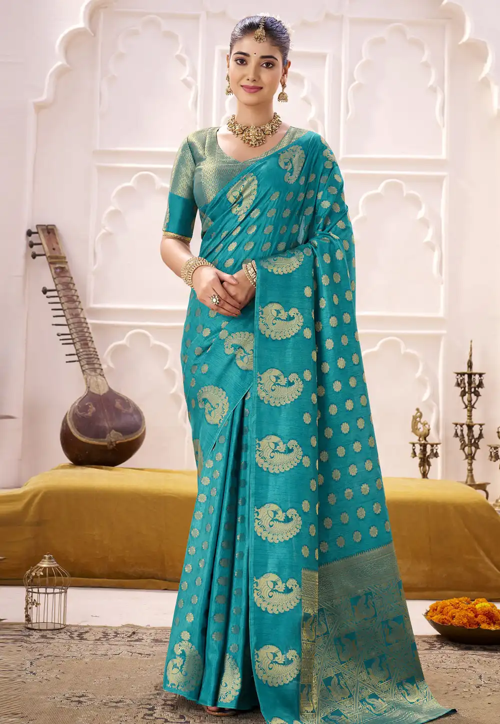 Teal Silk Saree With Blouse 321329
