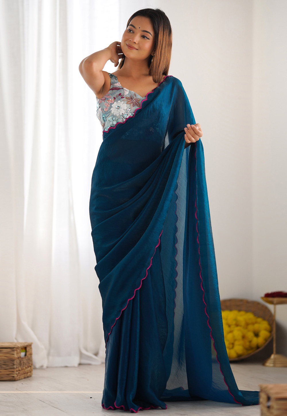 Teal Silk Saree With Blouse 322114