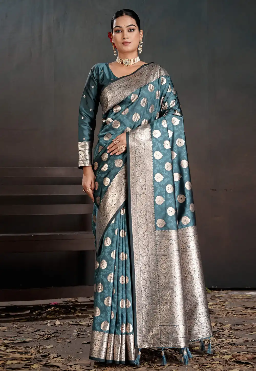 Teal Silk Saree With Blouse 322517