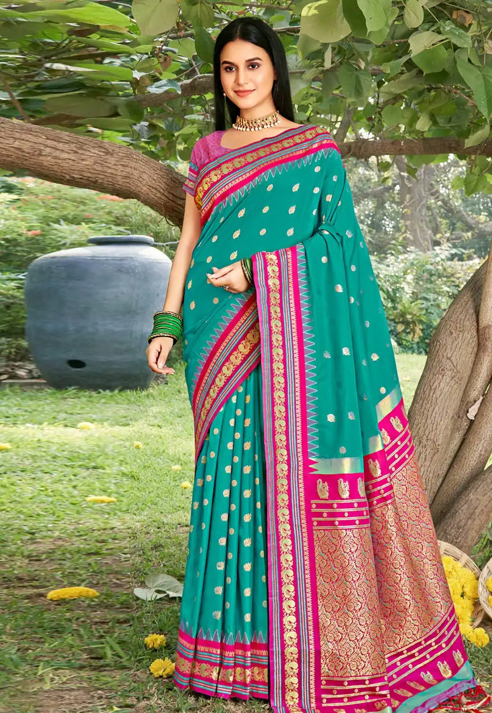 Teal Silk Saree With Blouse 323728