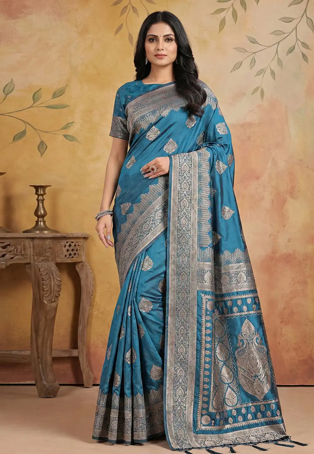 Teal Silk Saree With Blouse 326000