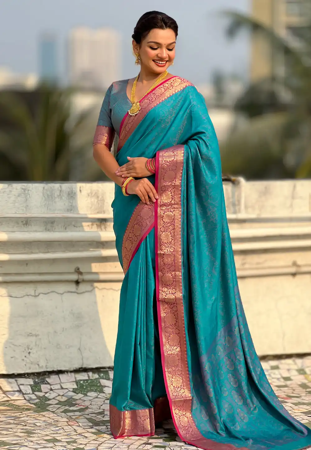 Teal Silk Saree With Blouse 326508