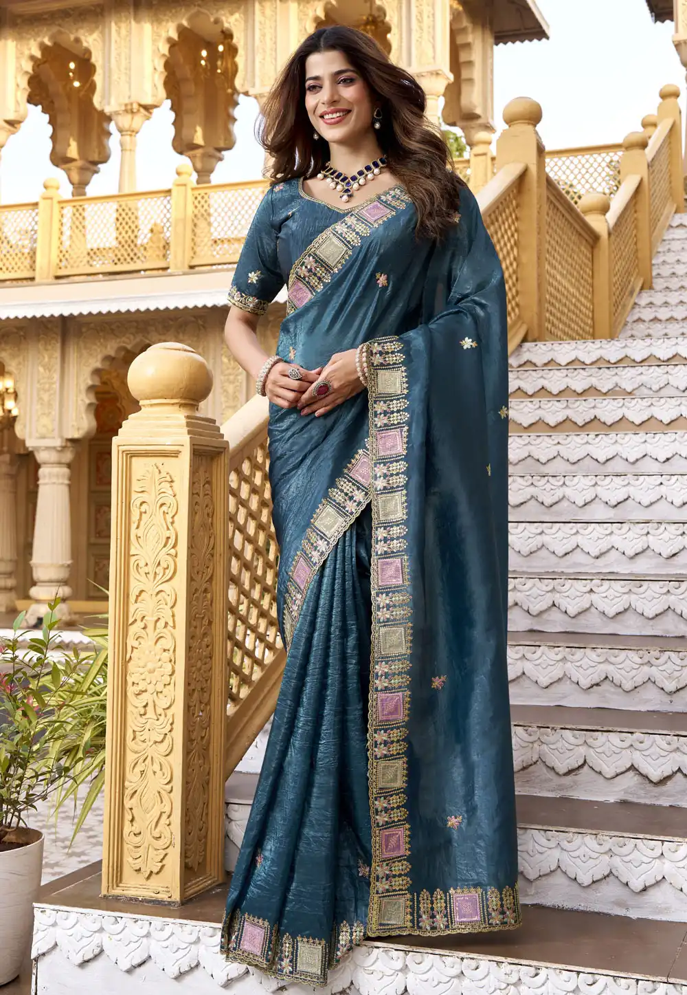 Teal Silk Saree With Blouse 326532