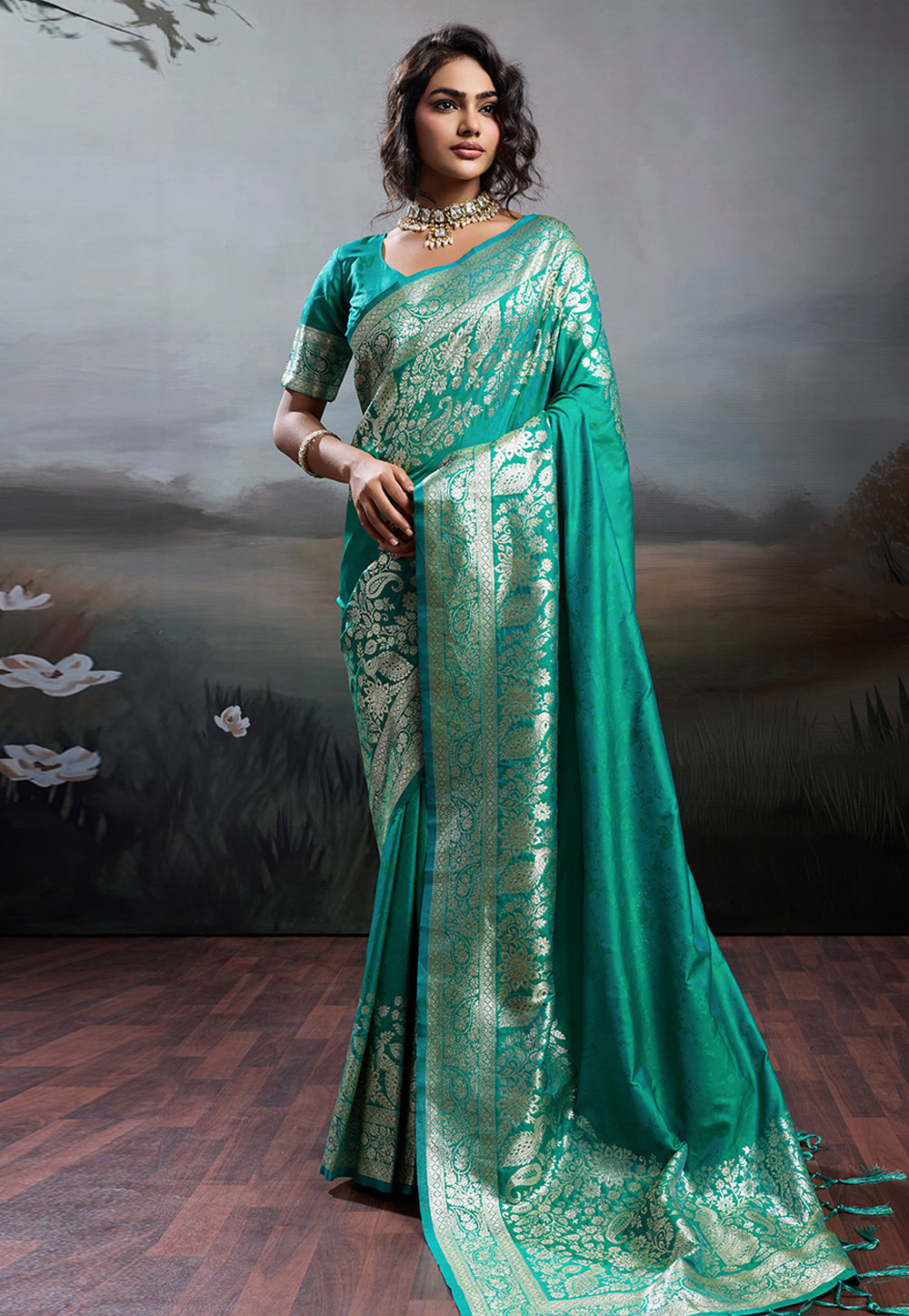 Teal Silk Saree With Blouse 326682