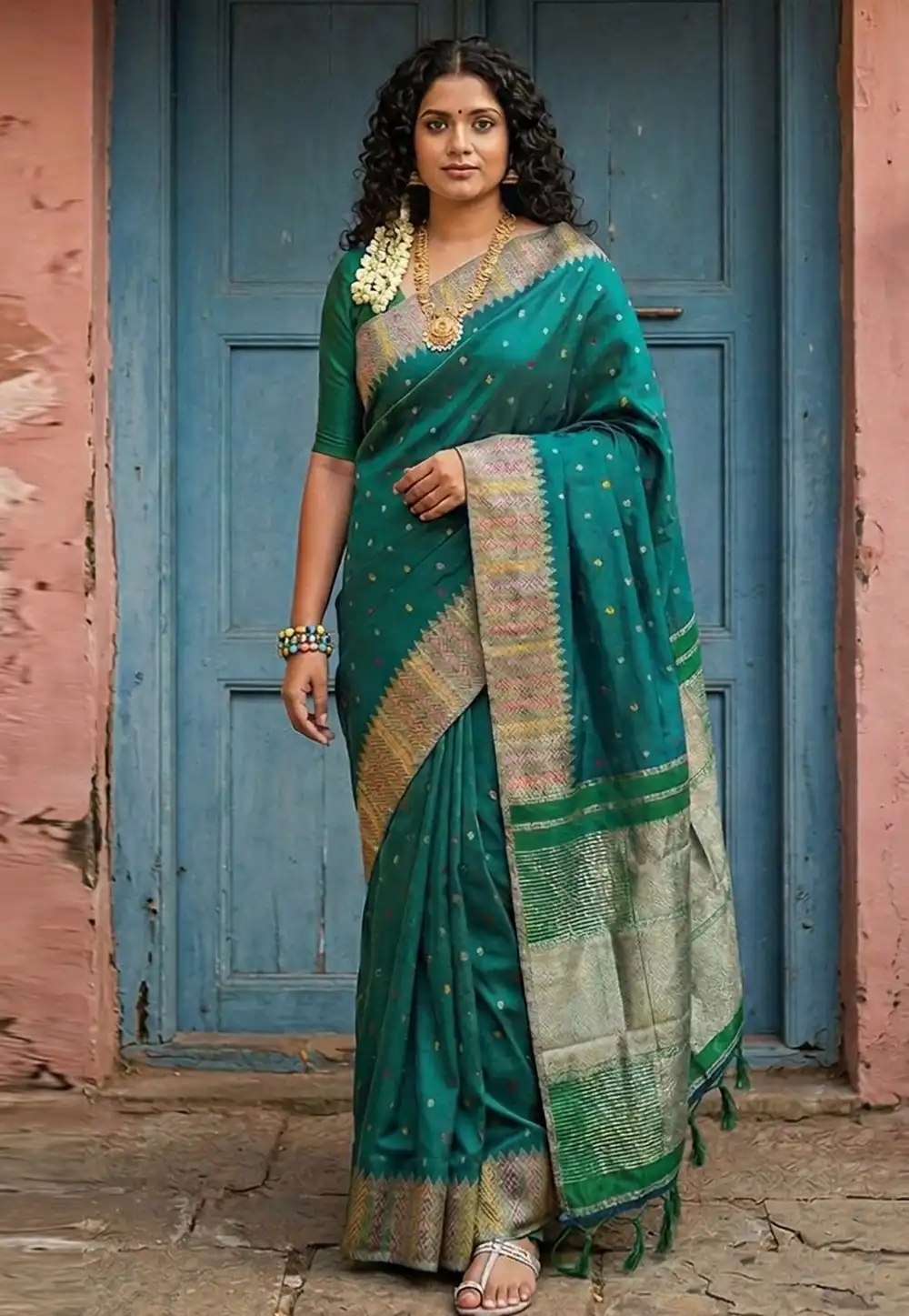 Teal Silk Saree With Blouse 327146