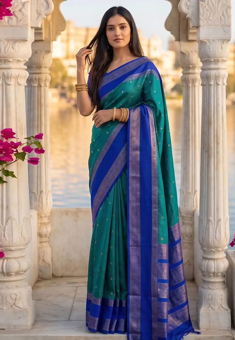 Teal Silk Saree With Blouse 329538