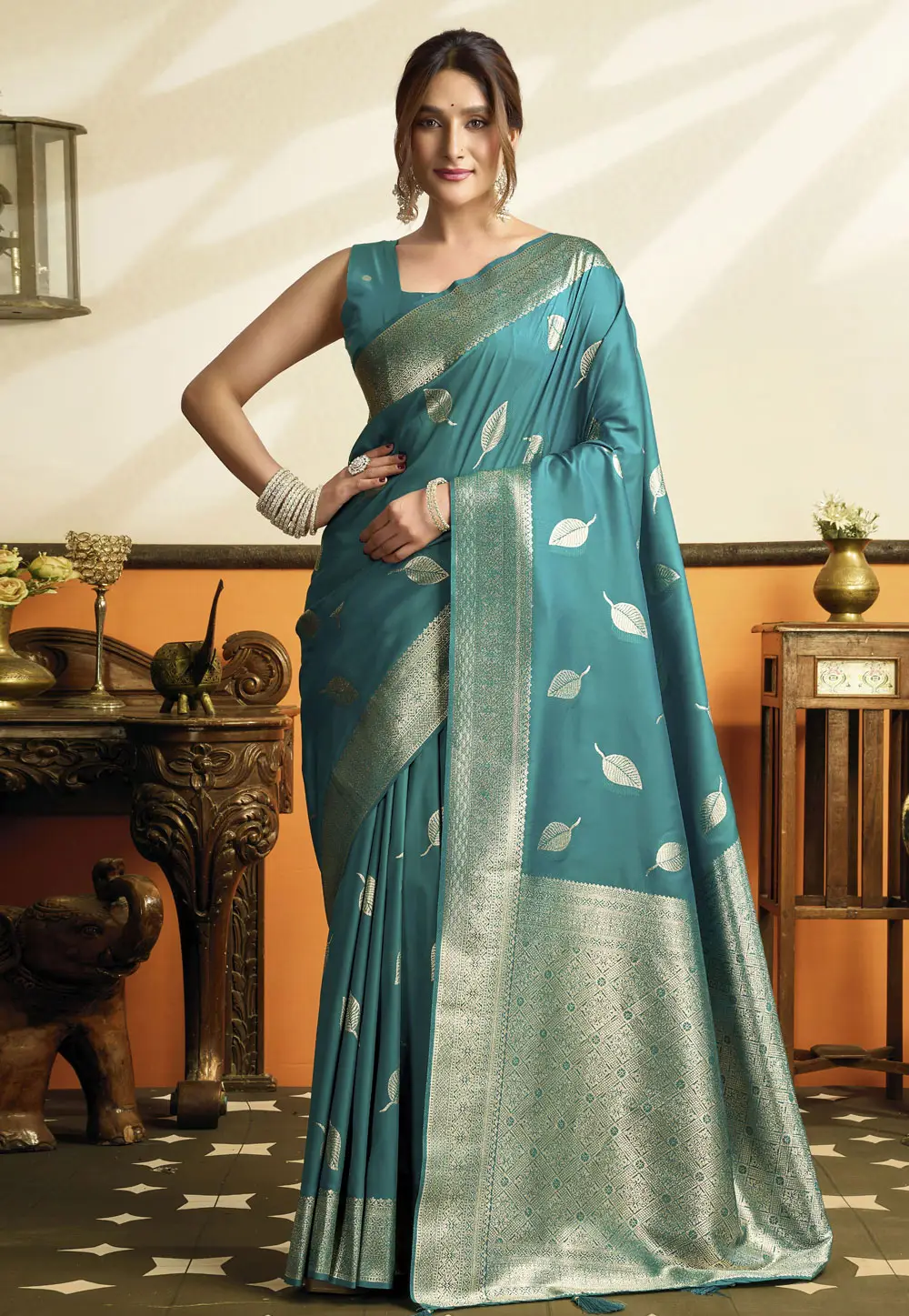 Teal Silk Saree With Blouse 336326