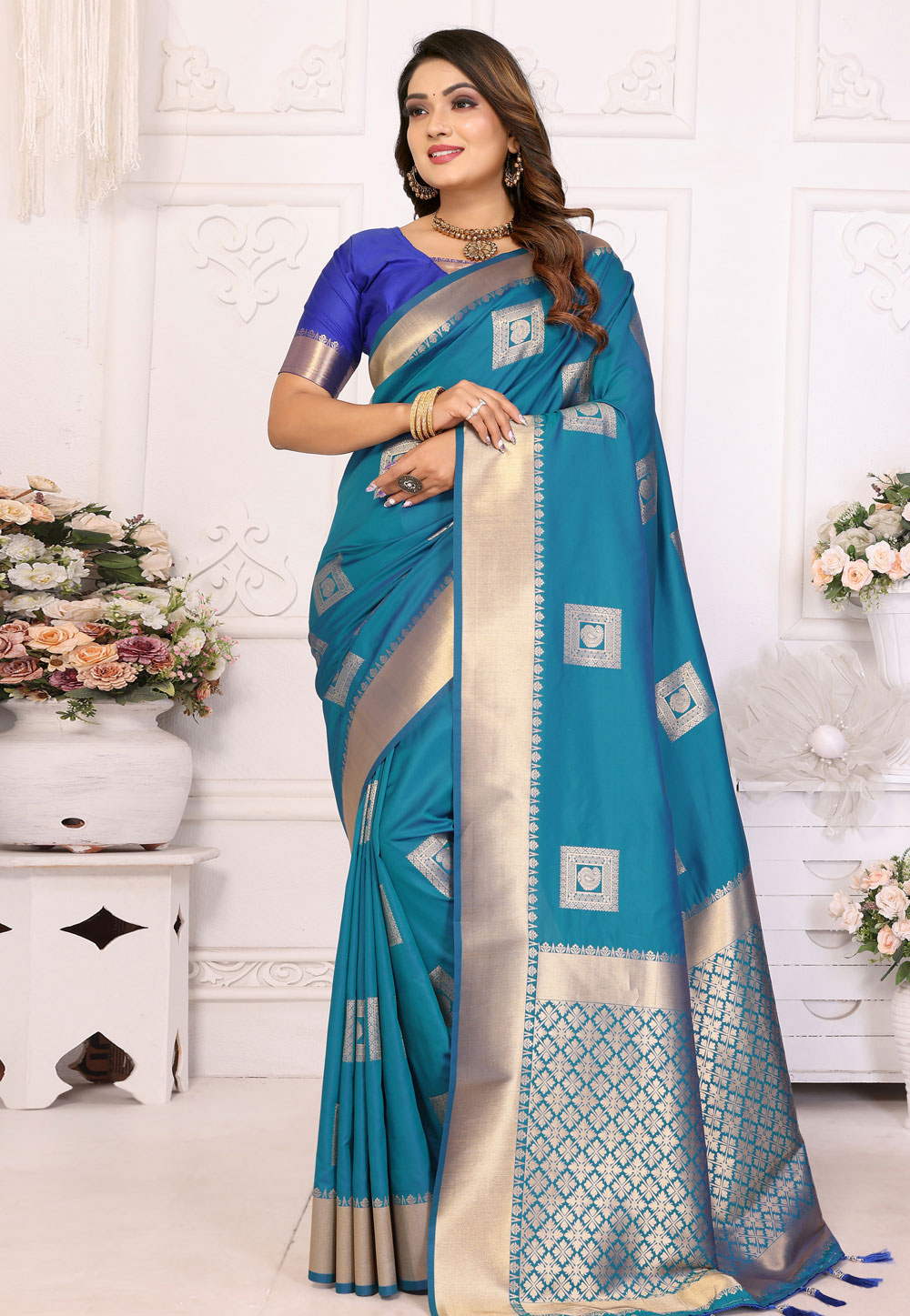 Teal Silk Saree With Blouse 306969