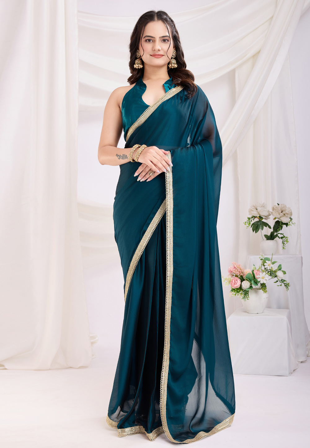 Teal Silk Saree With Blouse 311476