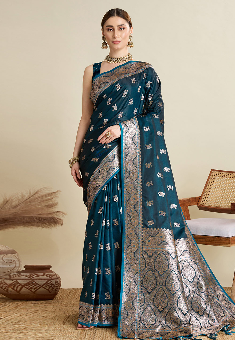 Teal Silk Saree With Blouse 312184