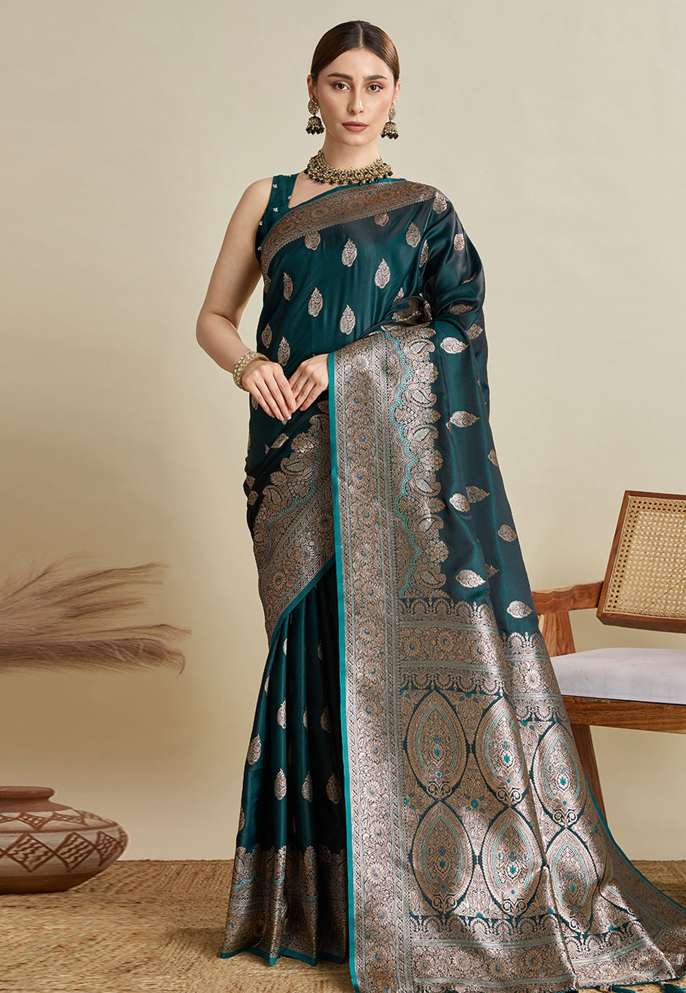 Teal Silk Saree With Blouse 312185