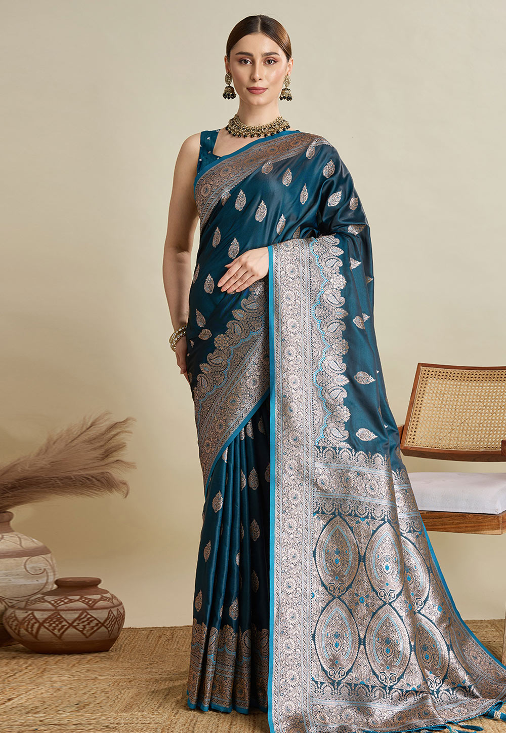 Teal Silk Saree With Blouse 312188